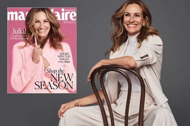 Actor in a white suit sitting on a chair, with a Marie Claire Australia cover on the left.