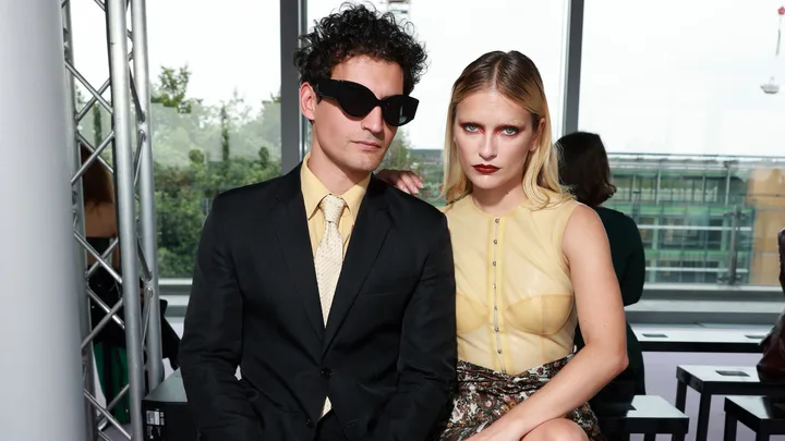 Camille Razat and partner Etienne Baret at the Del Core fashion show during the Milan Fashion Week Womenswear Spring/Summer 2024 on September 20, 2023 in Milan, Italy.