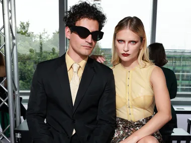 Camille Razat and partner Etienne Baret at the Del Core fashion show during the Milan Fashion Week Womenswear Spring/Summer 2024 on September 20, 2023 in Milan, Italy.