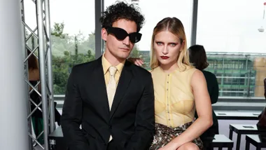 Camille Razat and partner Etienne Baret at the Del Core fashion show during the Milan Fashion Week Womenswear Spring/Summer 2024 on September 20, 2023 in Milan, Italy.