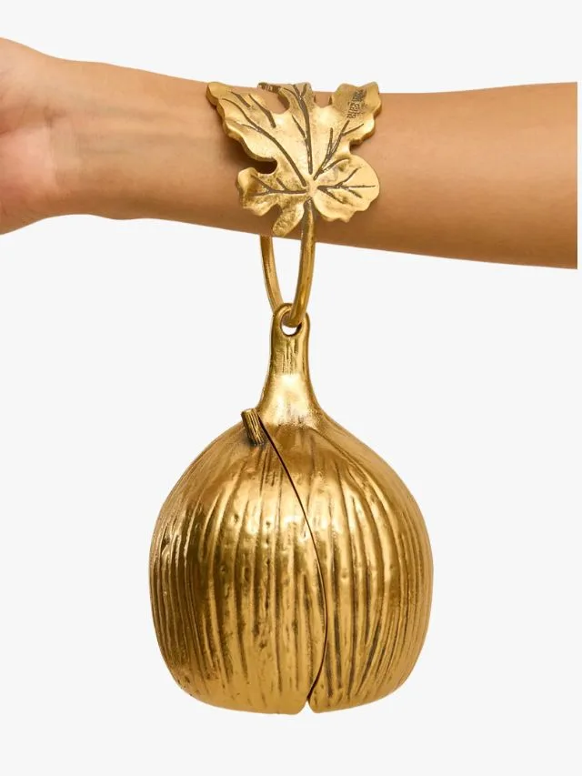 Cult Gaia pomegranate gold metallic wristlet bag for wedding guests