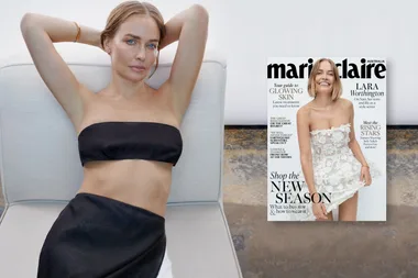 A woman in a black bandeau top lounges on a sofa next to a Marie Claire magazine featuring her in a white dress.