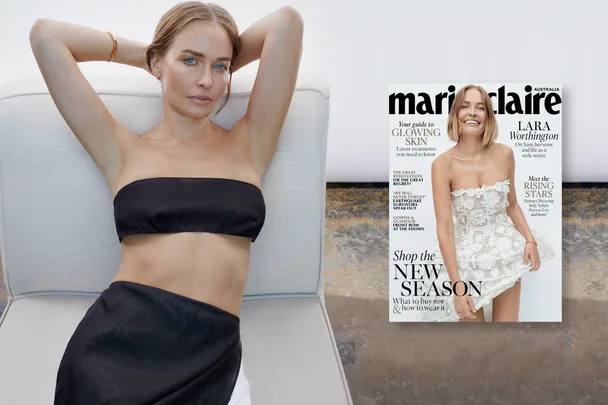 A woman in a black bandeau top lounges on a sofa next to a Marie Claire magazine featuring her in a white dress.
