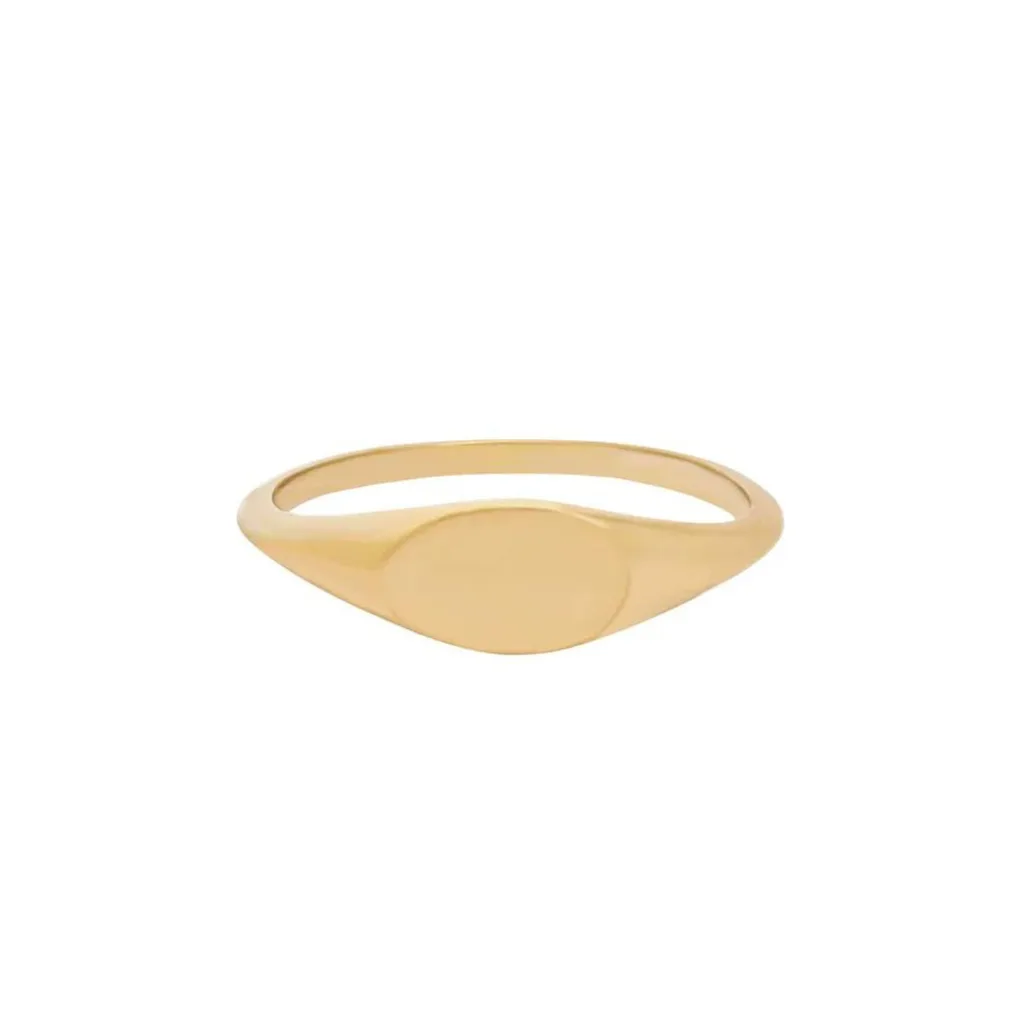 The Sora Solid Gold Signet Ring from S-kin Studio is a super slim oval signet with a blank face, perfect for engraving your own meaning to, or leaving plain. 