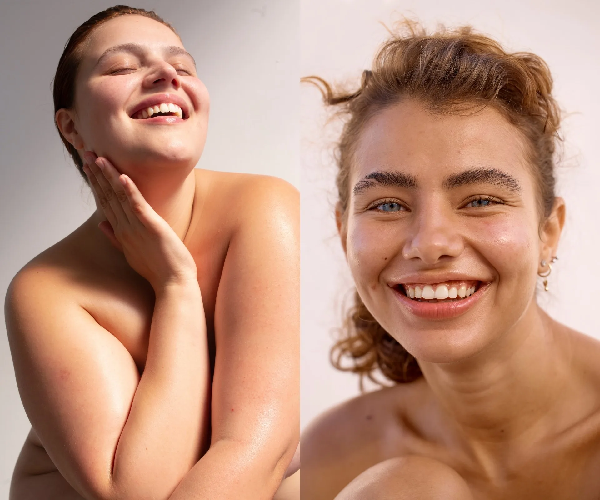 Two women smiling, close-up portraits, sunlight highlighting their skin.