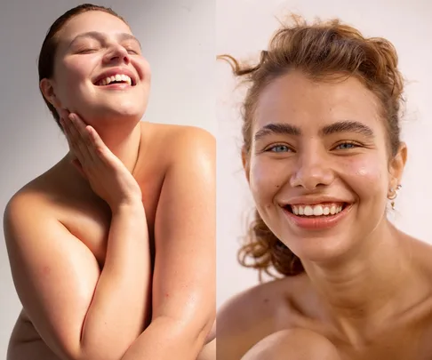 Two women smiling, close-up portraits, sunlight highlighting their skin.