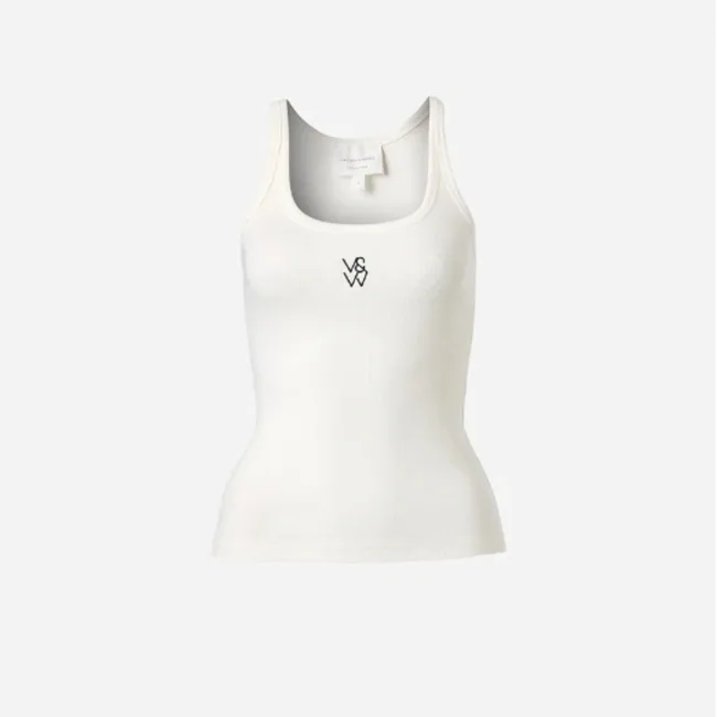 White tank top with "VS" logo in the center on a plain background.