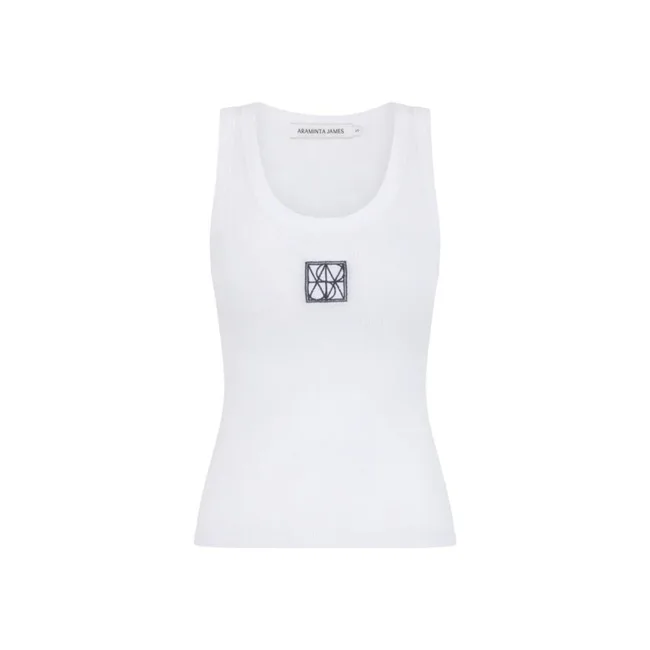 White tank top with geometric logo on the chest, labeled "Araminta James."