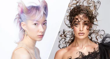 Two models with creative hairstyles: one with pastel spikes, the other with voluminous curls.