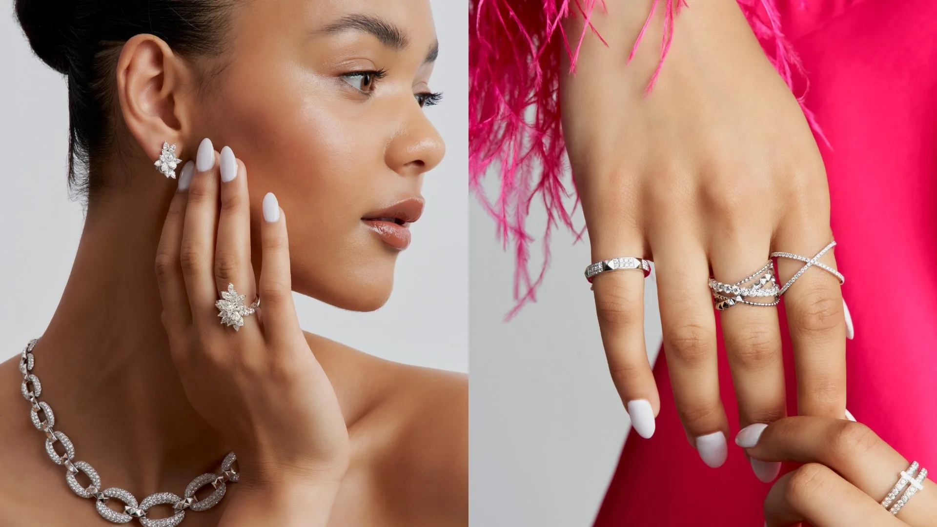 "Close-up of a person wearing diamond earrings, rings, and a necklace against a pink background."