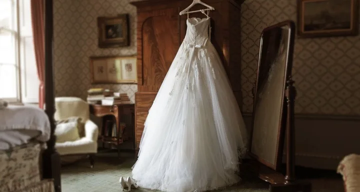 Wedding dress on hanger in vintage room beside a mirror, with shoes on the floor and a window to the left.