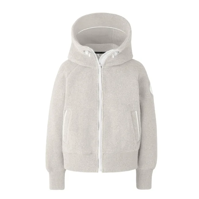 Light grey hooded jacket with a full zipper, ribbed cuffs, and pockets displayed on a plain white background.