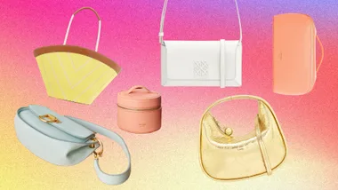 Various colorful handbags in different shapes against a pink-to-yellow gradient background.