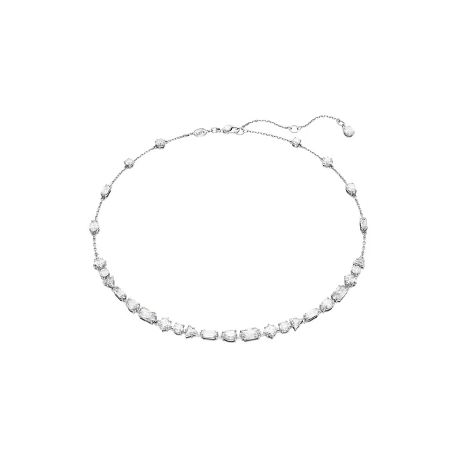 Diamond necklace with assorted gemstone shapes on a thin chain, set against a white background.