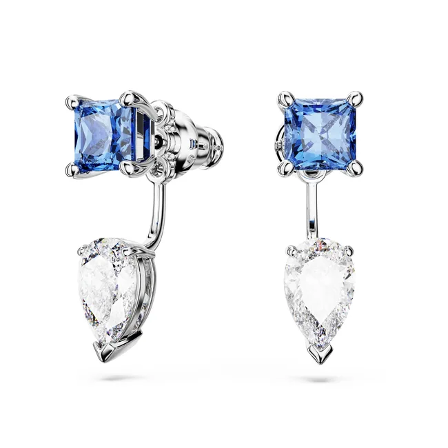 Square blue gemstone earrings with dangling teardrop white crystals, set in silver.