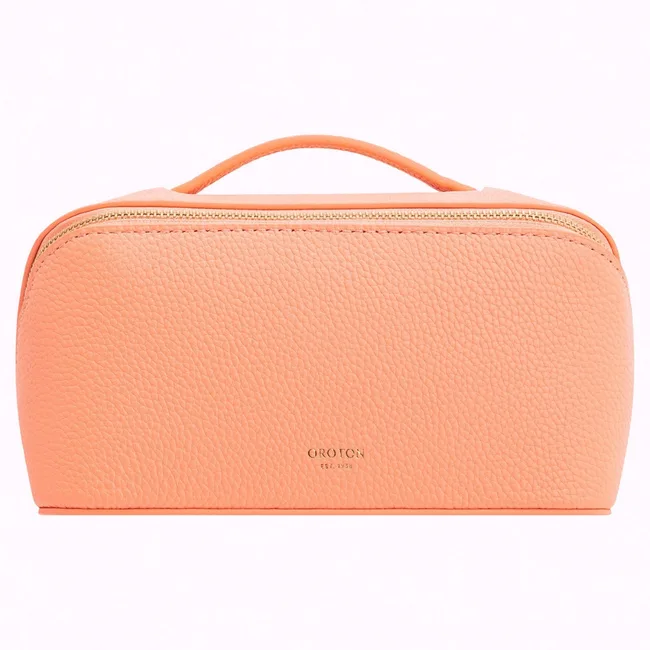 Orange textured pouch with a zipper and handle, embossed with "Oroton" logo at the front.