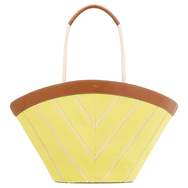 Yellow and brown tote bag with chevron pattern and rope handles.