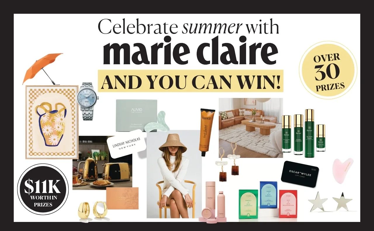 "Marie Claire summer celebration giveaway with over $11K in prizes, including watches, skincare, and home goods."