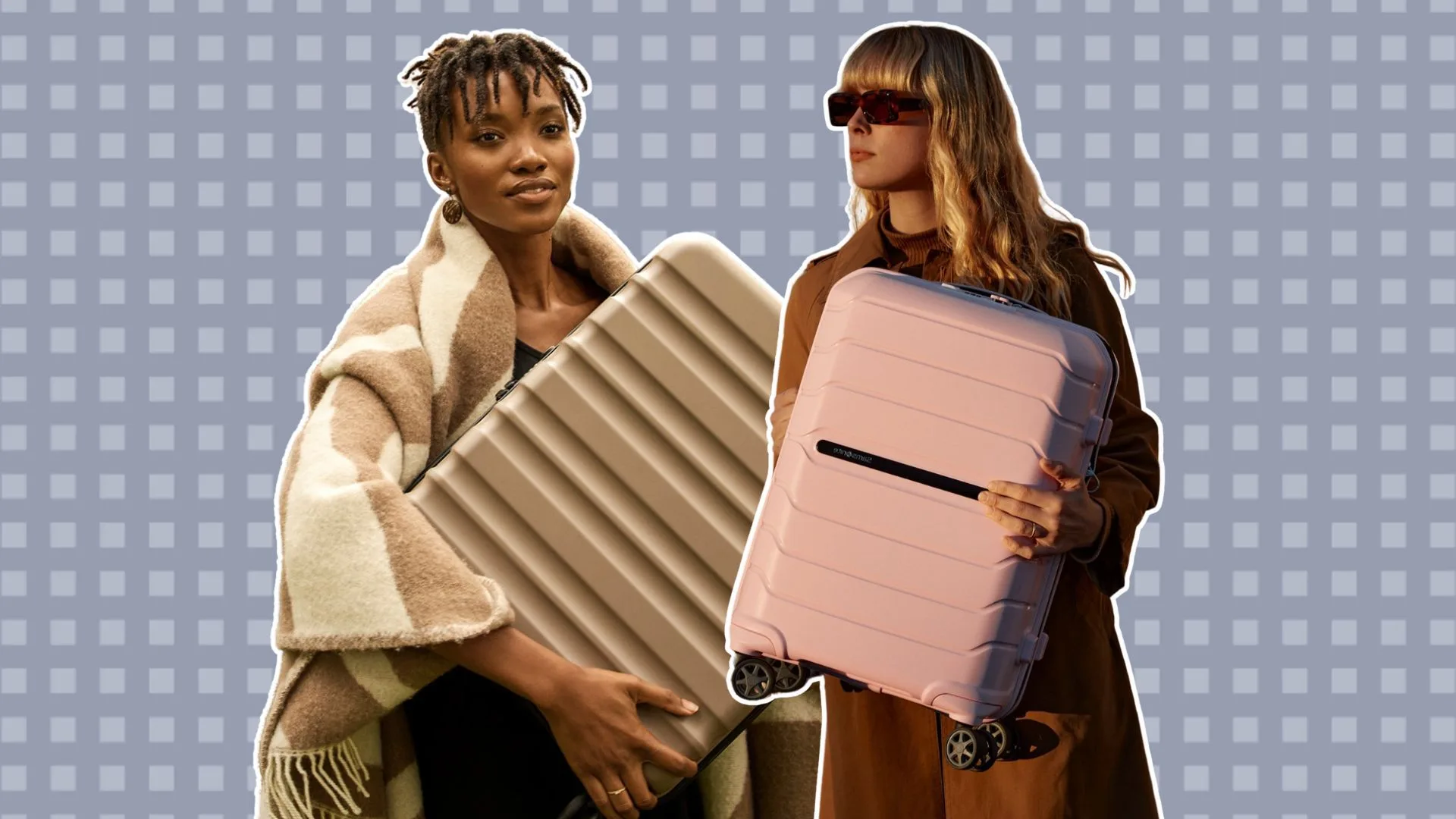 Two women holding large suitcases; one in beige, the other in pink, against a checkered background.