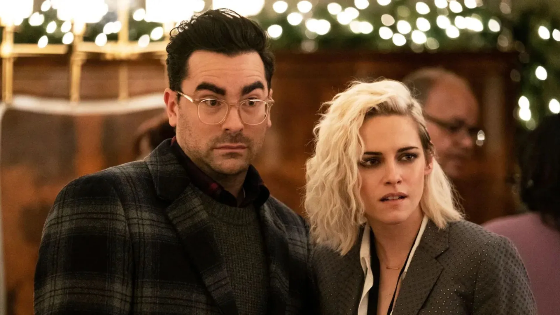 Kristen Stewart and Dan Levy in Christmas movie, The Happiest Season