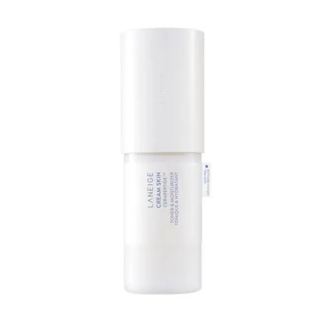 Laneige Cream Skin Toner & Moisturizer in a white bottle with blue text, minimalist design.