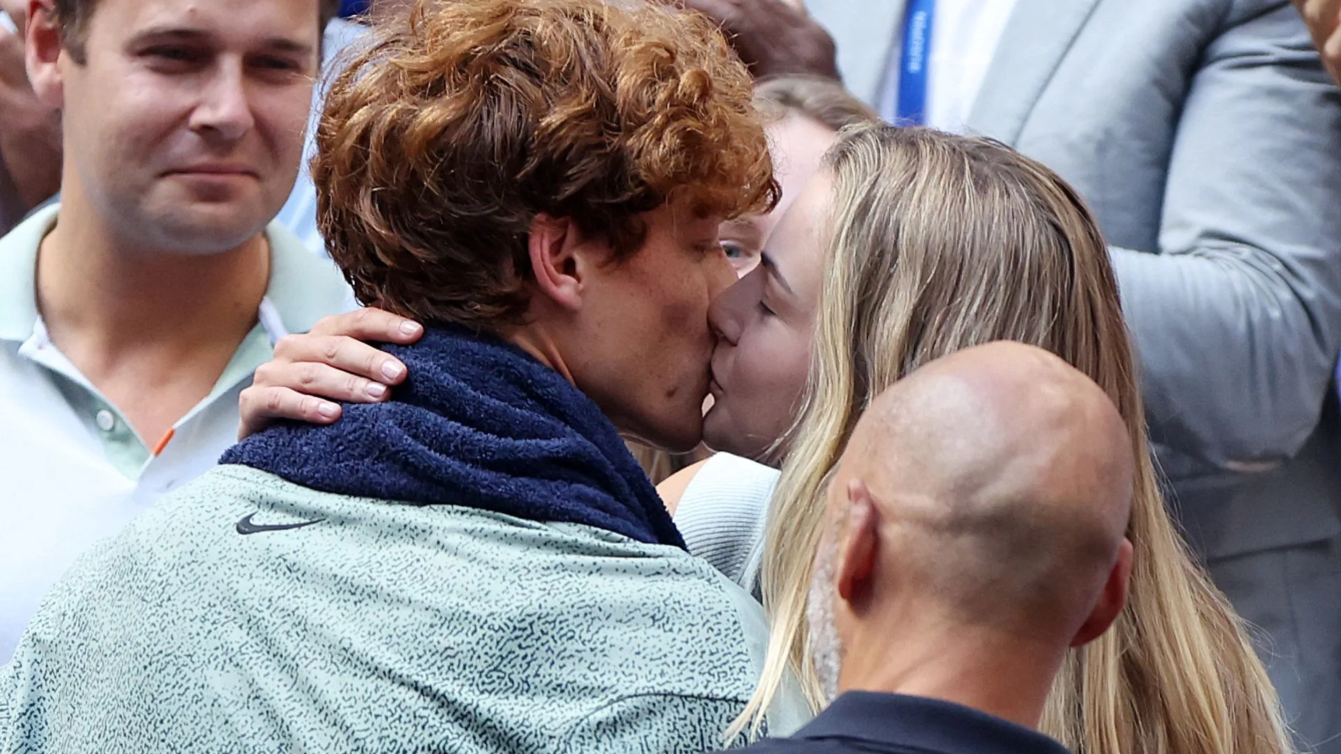 Jannik Sinner of Italy celebrates with his girlfriend Anna Kalinskaya after defeating Taylor Fritz of the United States to win the Men's Singles Final on Day Fourteen of the 2024 US Open .