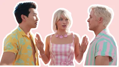 Three characters from the Barbie movie, in colorful outfits, facing each other with surprised expressions.