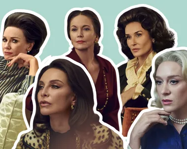 Five women from Netflix's “Feud: Capote’s Women” series, wearing 1950s and 1960s-inspired elegant attire, posing against a teal background.
