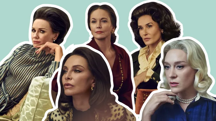 Five women from Netflix's “Feud: Capote’s Women” series, wearing 1950s and 1960s-inspired elegant attire, posing against a teal background.