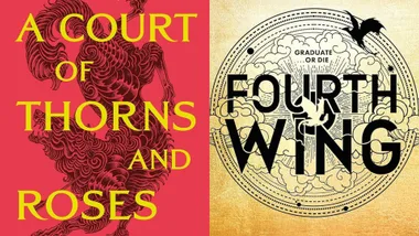 Cover images of "A Court of Thorns and Roses" and "Fourth Wing" novels side by side.