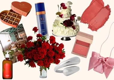 A collage of gifts including chocolates, skincare, flowers, a cake, and a bow-shaped purse.