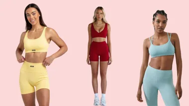 Three women in pastel activewear outfits on a light pink background.