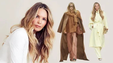 Woman in three stylish outfits: white blazer, brown coat with sweater, and light yellow coat, all with long blonde hair.