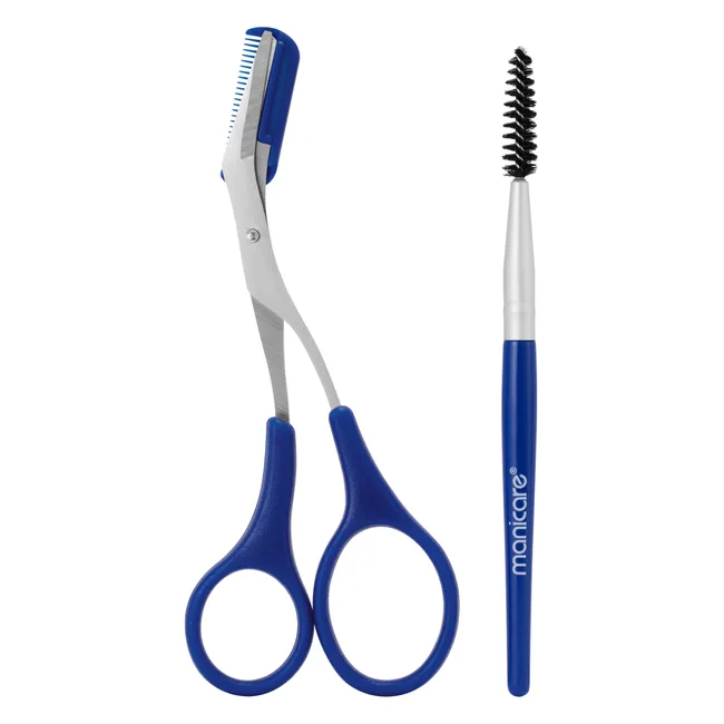 Scissors with blue handles and a matching blue-handled spoolie brush for grooming eyebrows.