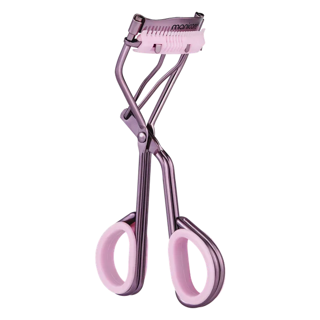 Pink eyelash curler with padded handles and a spring mechanism, designed for curling eyelashes.
