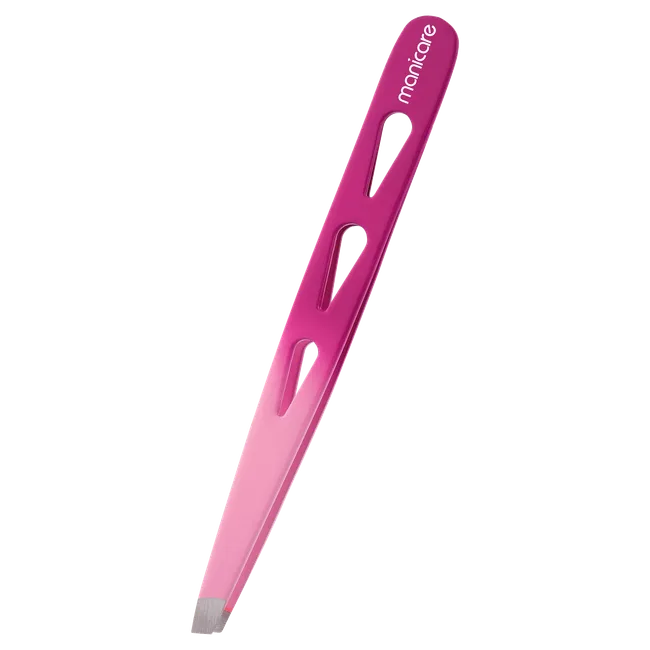 Pink Manicare tweezers with slanted tip and cut-out design on the handle, set against a black background.