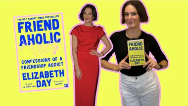 Elizabeth Day in a red dress and black top holding her book "Friendaholic" against a yellow background.