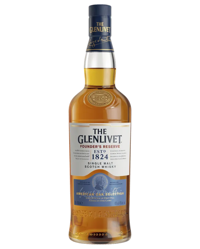 Bottle of The Glenlivet Founder's Reserve Single Malt Scotch Whisky showing the label and blue neck cap.