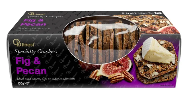 Box of Woolworths Fig and Pecan Crackers, showcasing crackers and a slice of cheese on the front.