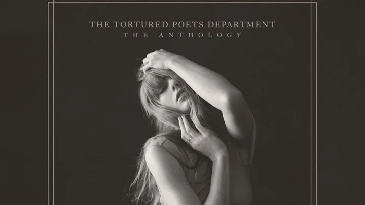 Cover art of "The Anthology" by The Tortured Poets Department, depicting a woman in an expressive pose against a dark background.