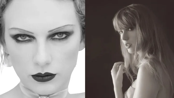 Split image: left shows a person with heavy makeup and a serious expression; right a person with long hair, looking over shoulder.