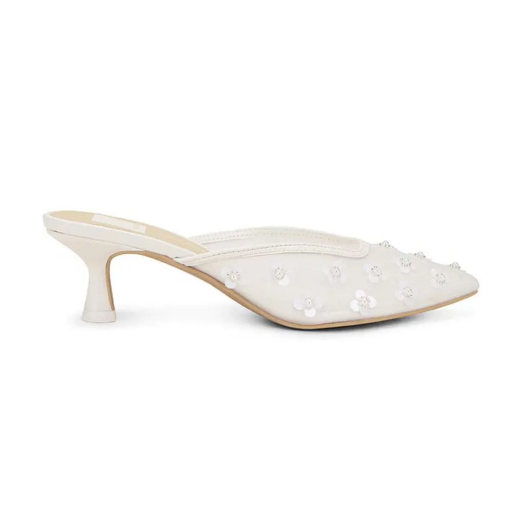 embellished bridal mules with flower pearl detail
