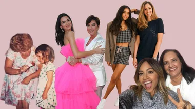 Women of different ages posing together against a pink background.