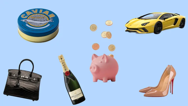Luxury items including caviar, champagne, a yellow car, a handbag, high heels, and a piggy bank with coins on a blue background.