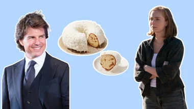 Two people, a coconut bundt cake, and a slice on blue background.