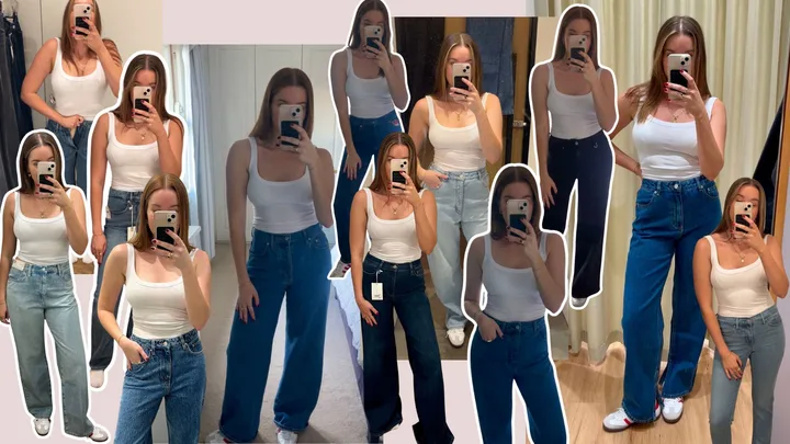 collage of woman wearing multiple pairs of jeans