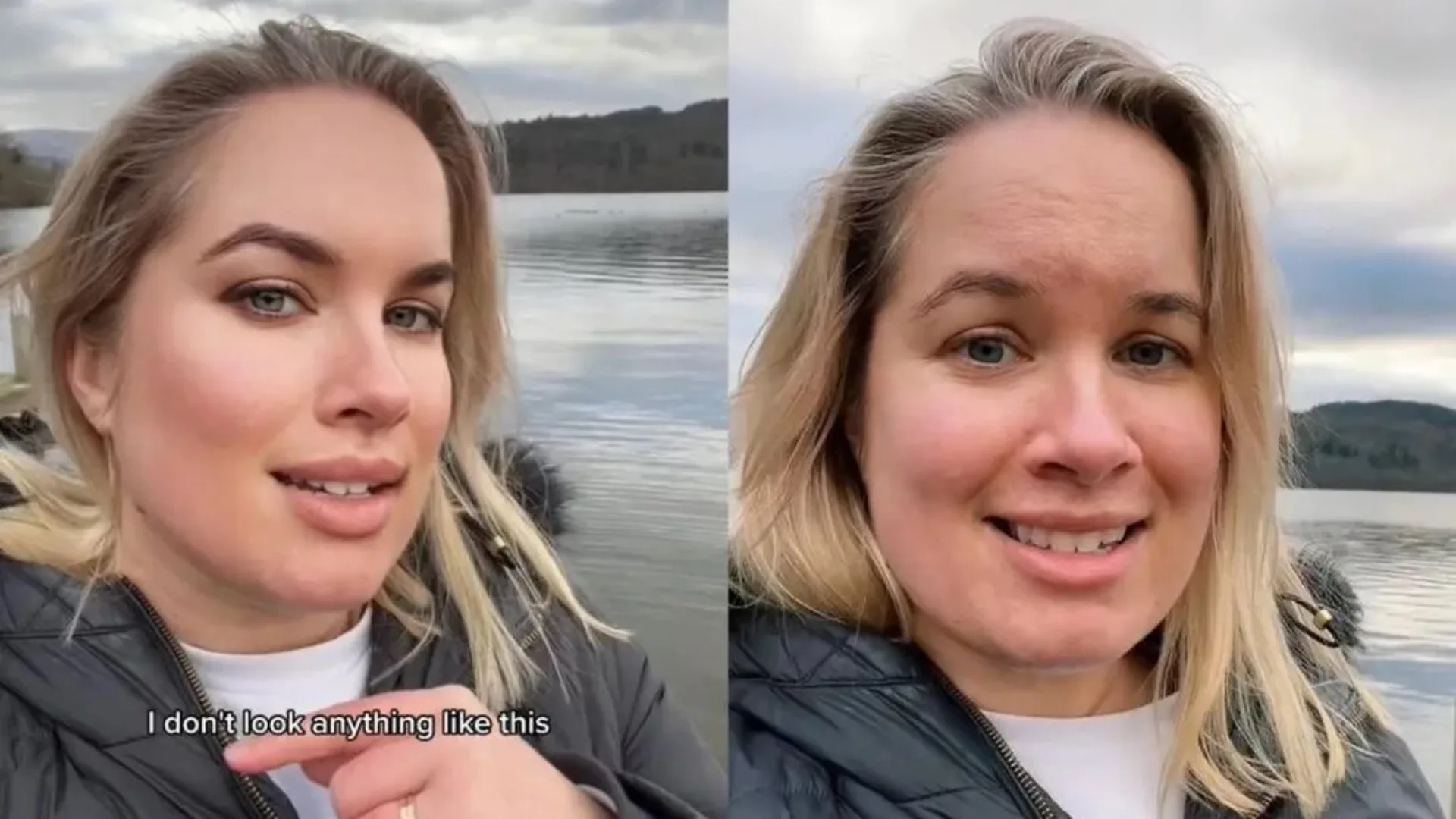 two side-by-side images of the same blonde woman. In the first, she has tiktok's bold glamour filter on, whichmakes it look as though she is wearing makeup. In the second, she is bare-faced.