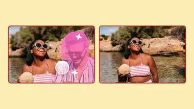 A woman in sunglasses laughs by water; man beside her is masked in pink on the left, clear on the right.