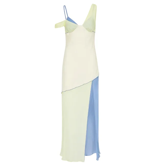 Color-block asymmetric dress in pale yellow and blue with single shoulder strap and unique neckline design.