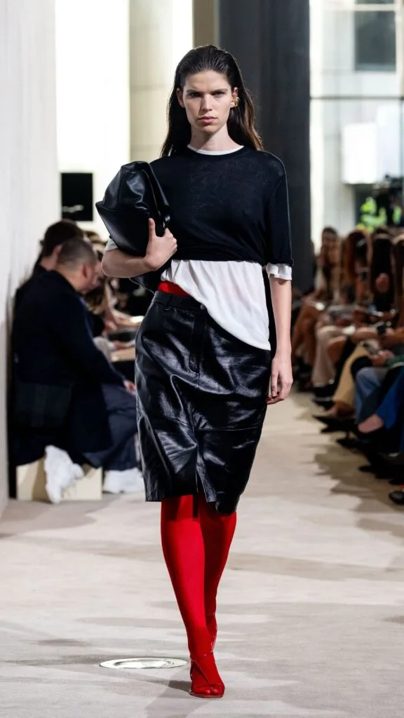 viktoria and woods runway australian fashion week leather skirt with red stockings